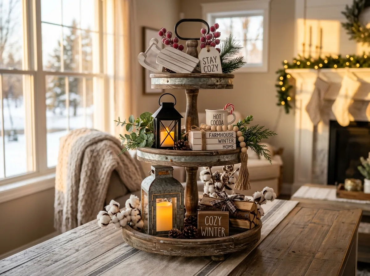 Rustic Wood & Lantern Decor for 10 winter tiered tray decor ideas after the holidays